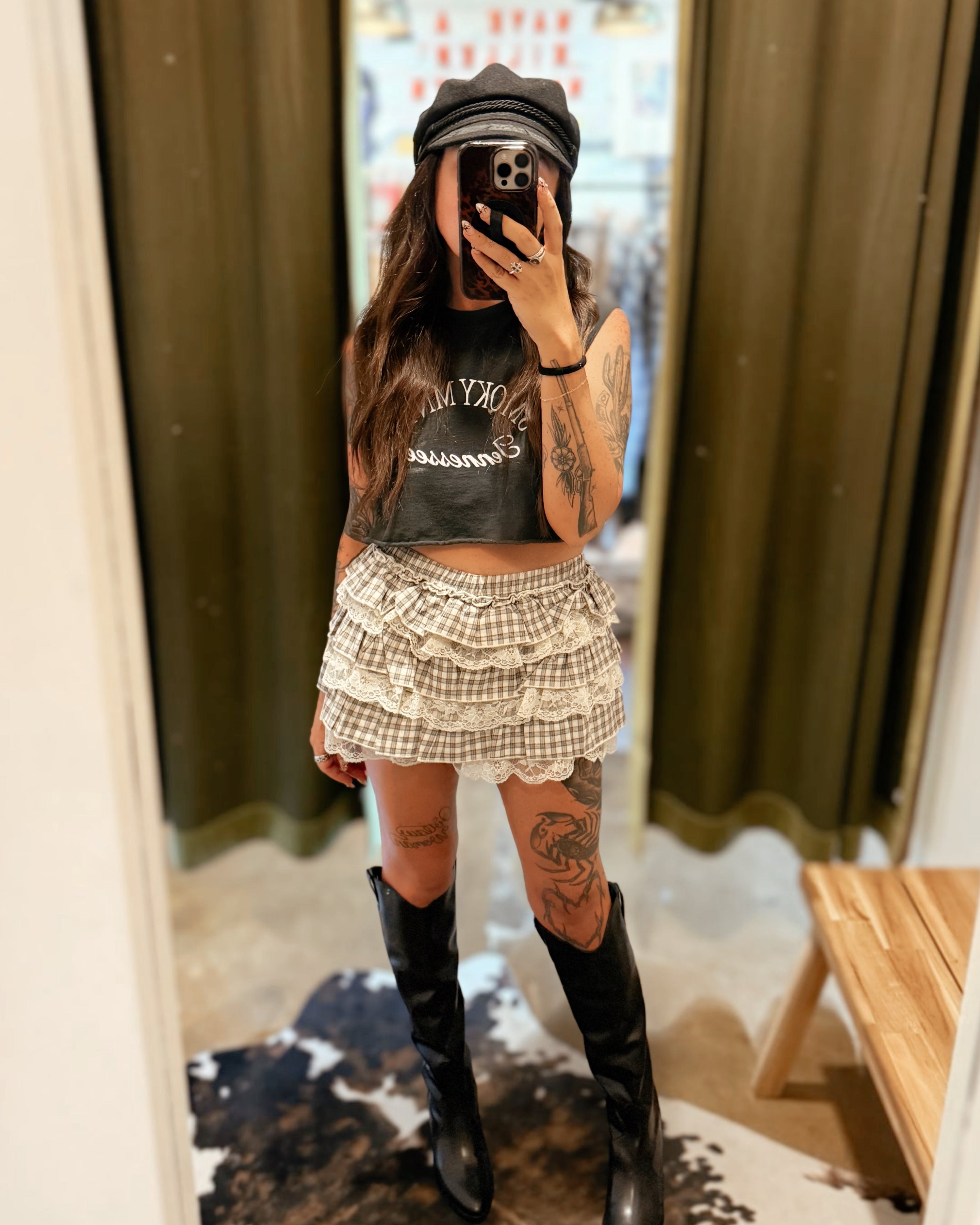 Tiered Ruffle Plaid Mini Skort - Cream