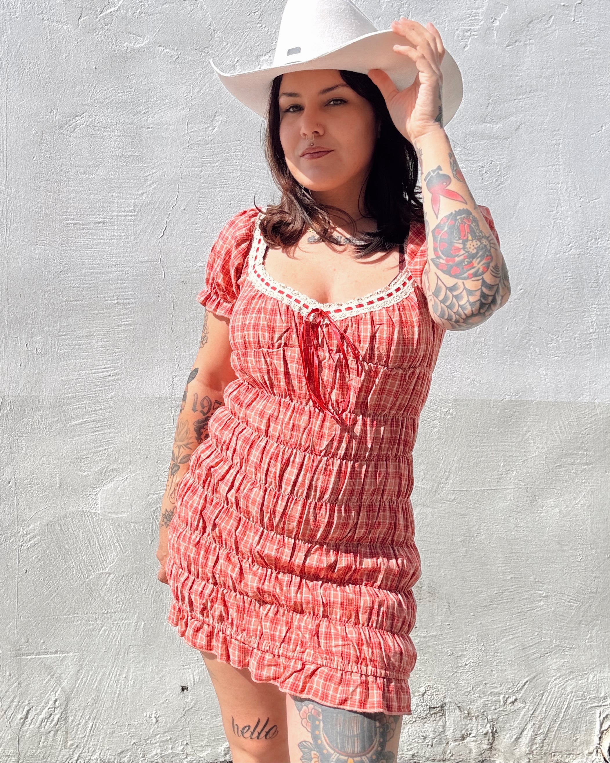 Rouched Plaid Mini Dress - Burnout