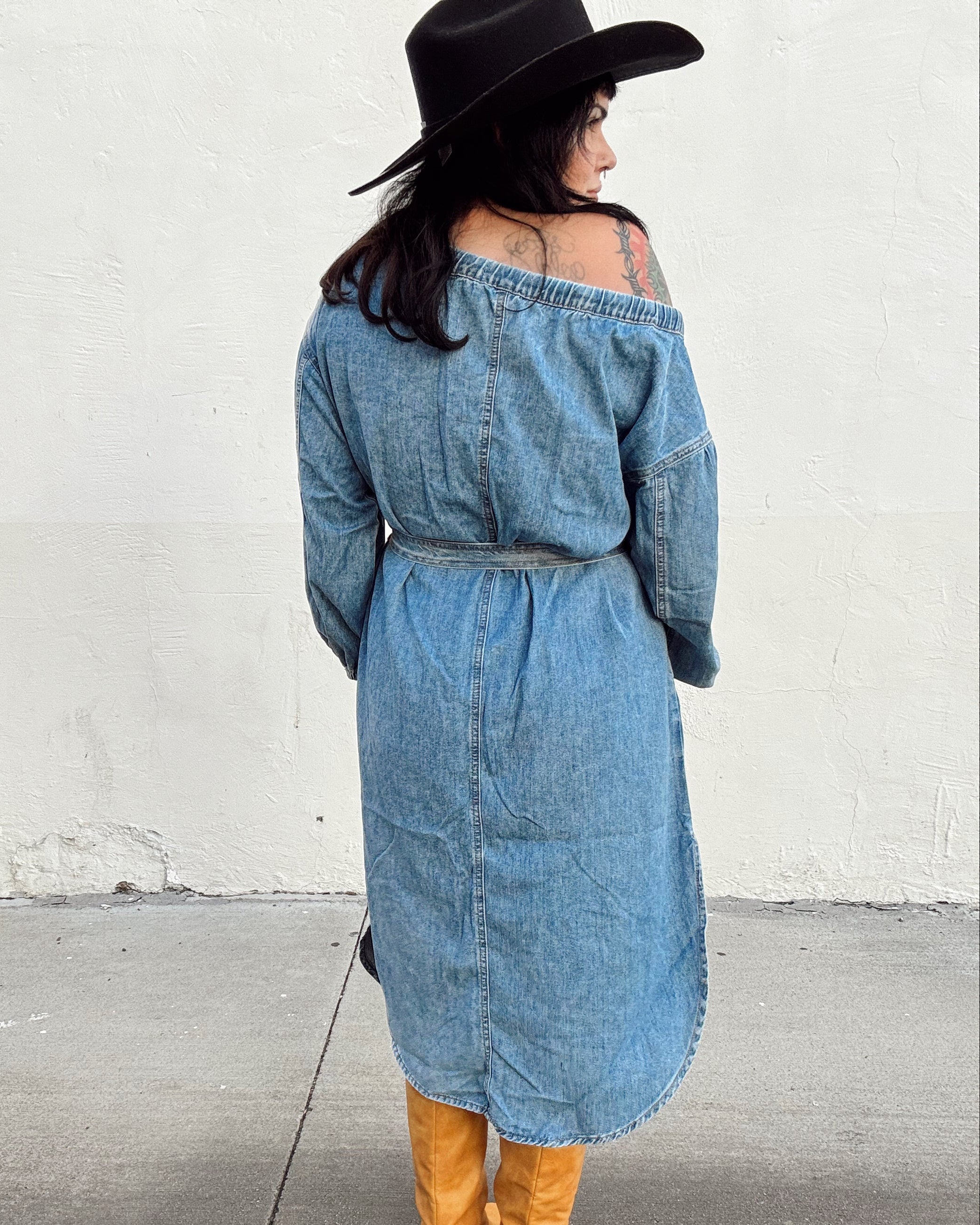 Off The Shoulder Denim Midi Dress