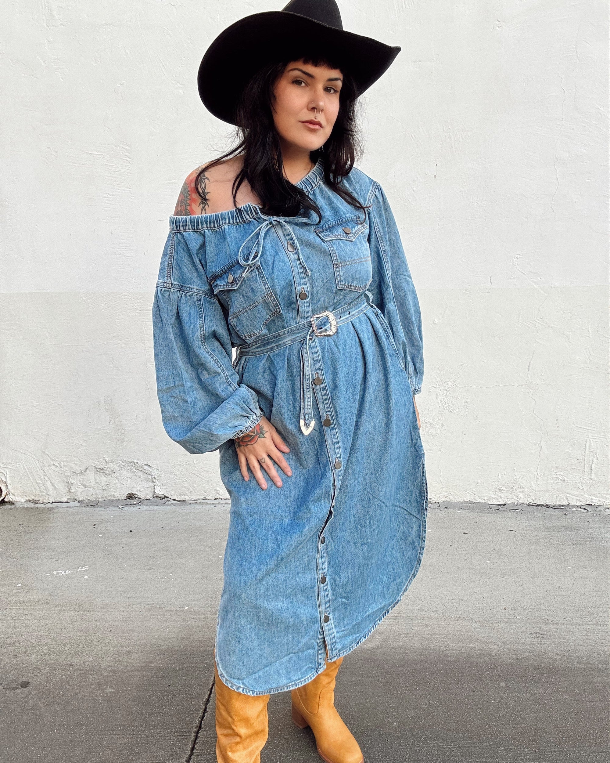 Off The Shoulder Denim Midi Dress