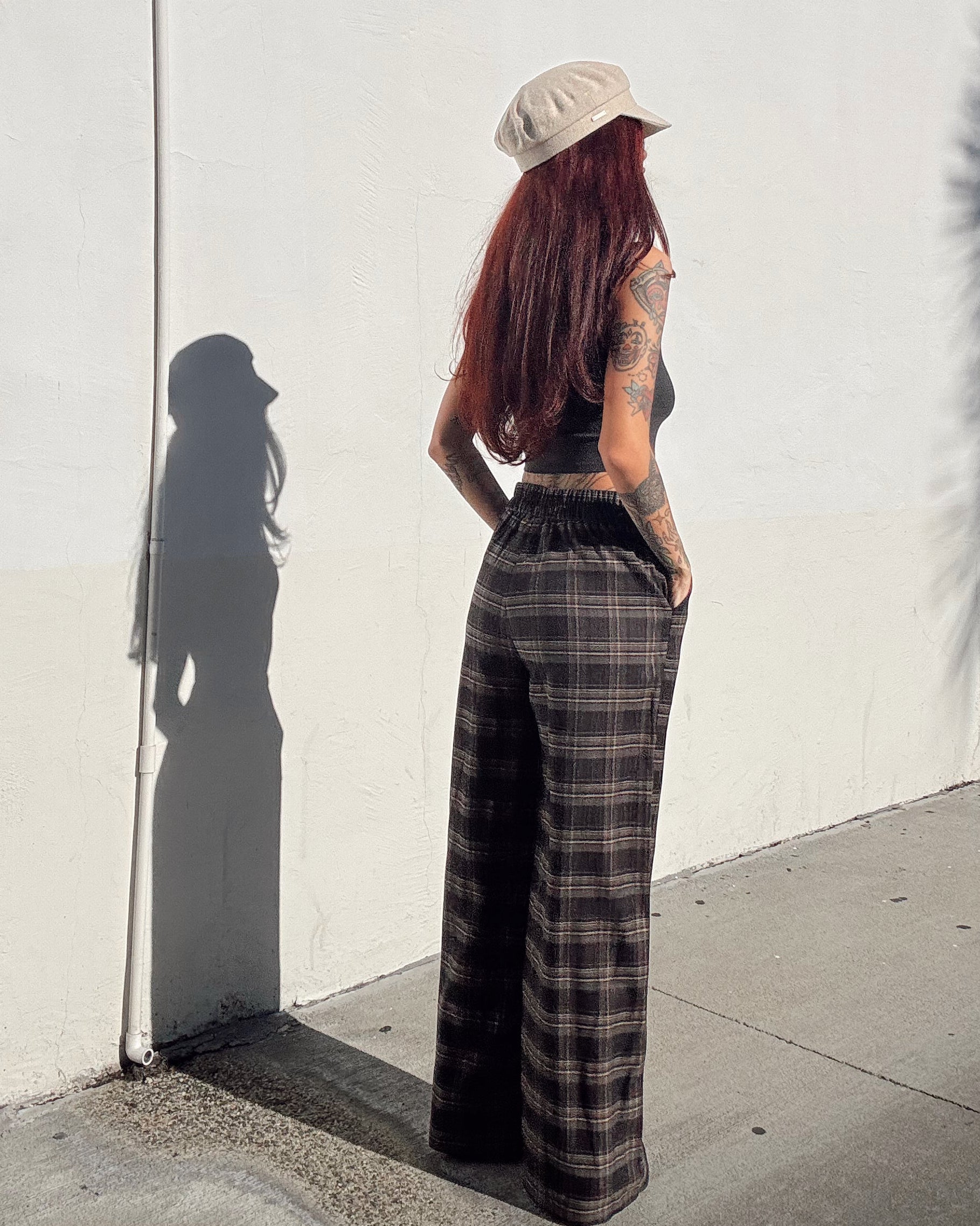 Wide Leg Plaid Pant - Black