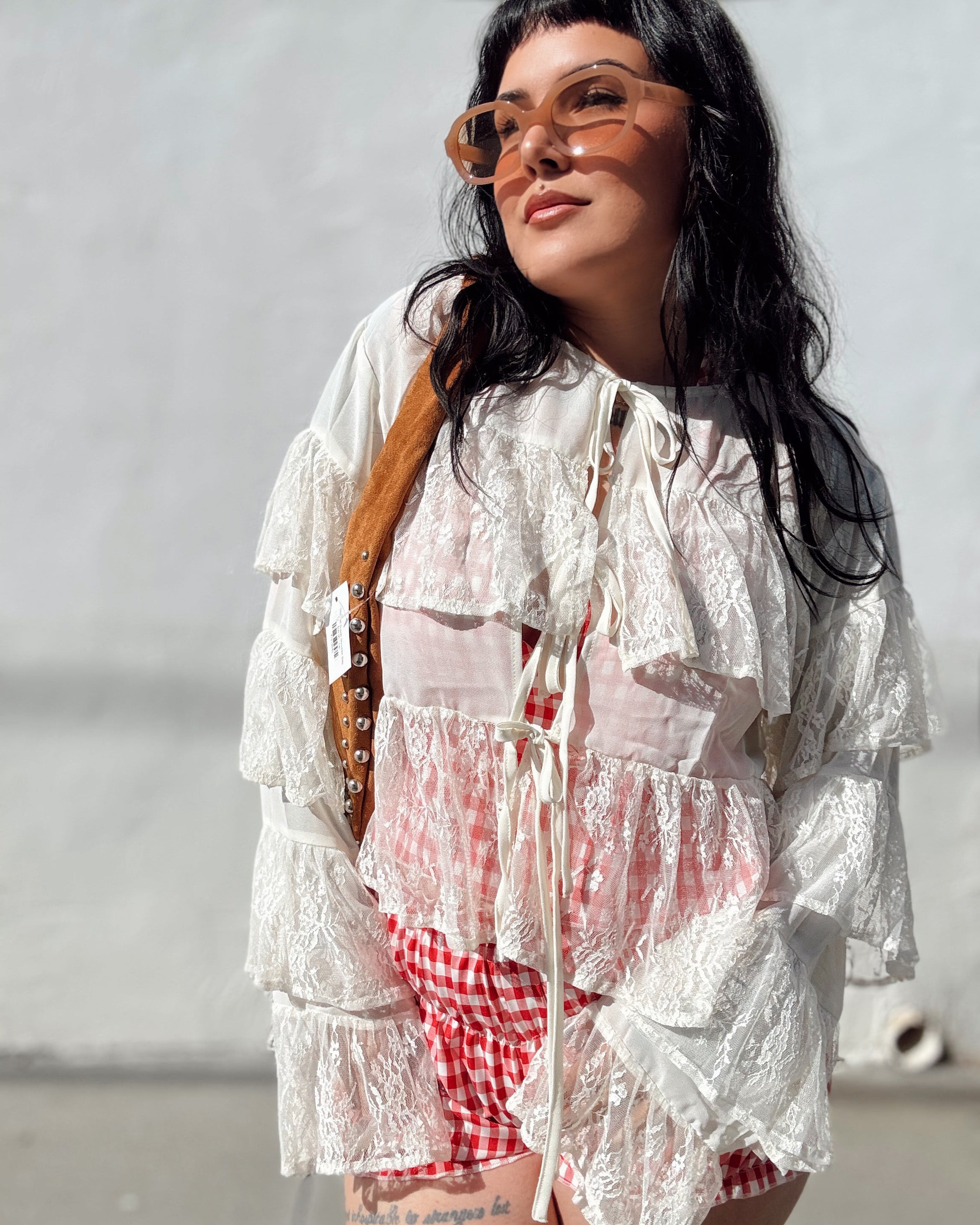 Ruffle Lace Long Sleeve Top - Cream
