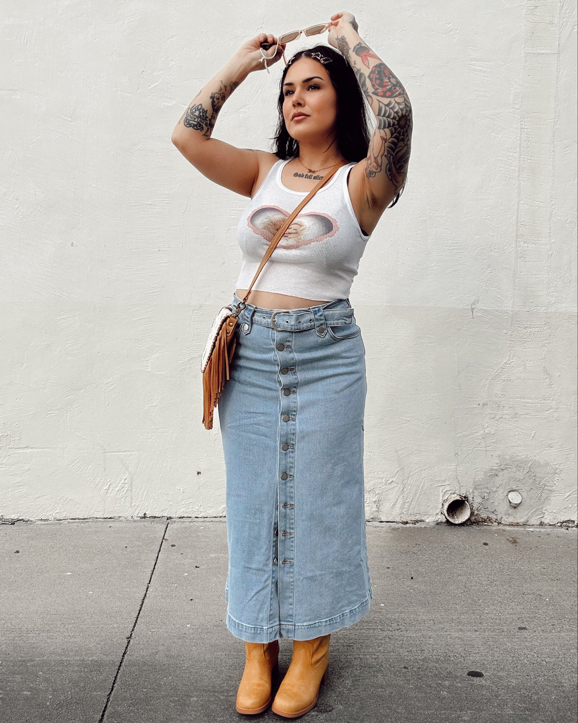 Denim Button Midi Skirt