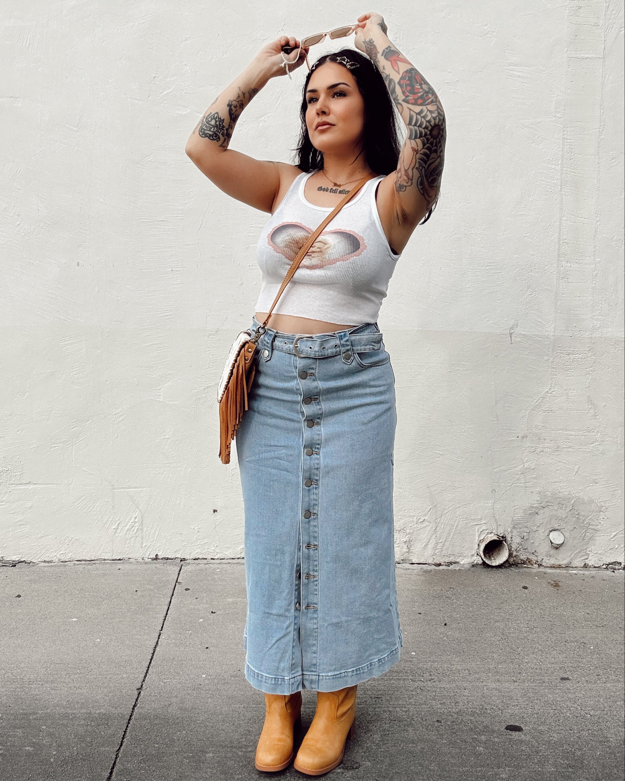 Denim Button Midi Skirt