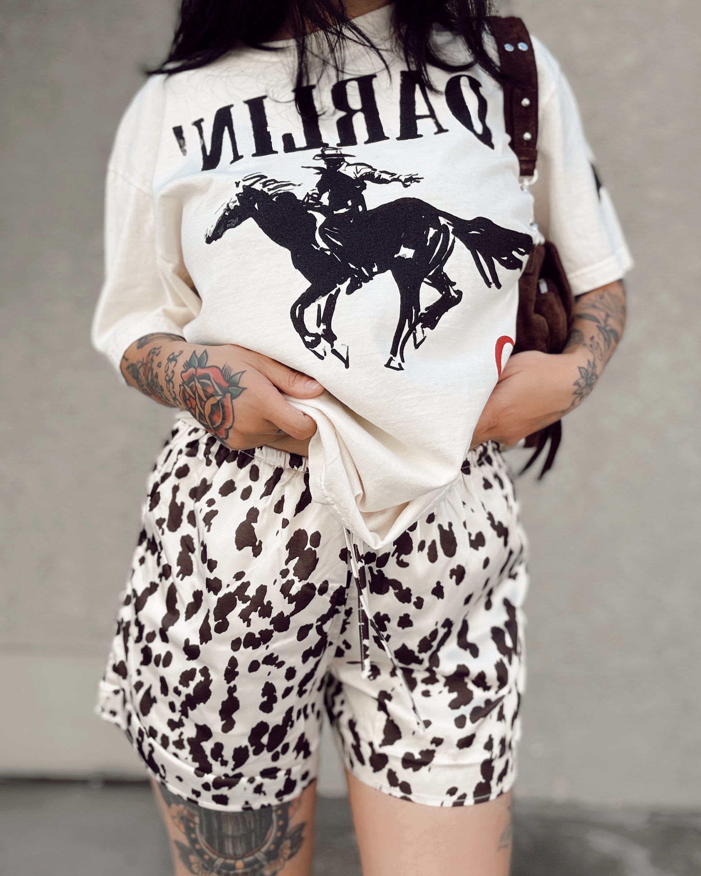 Cow Print Satin Boxer Shorts - Burnout